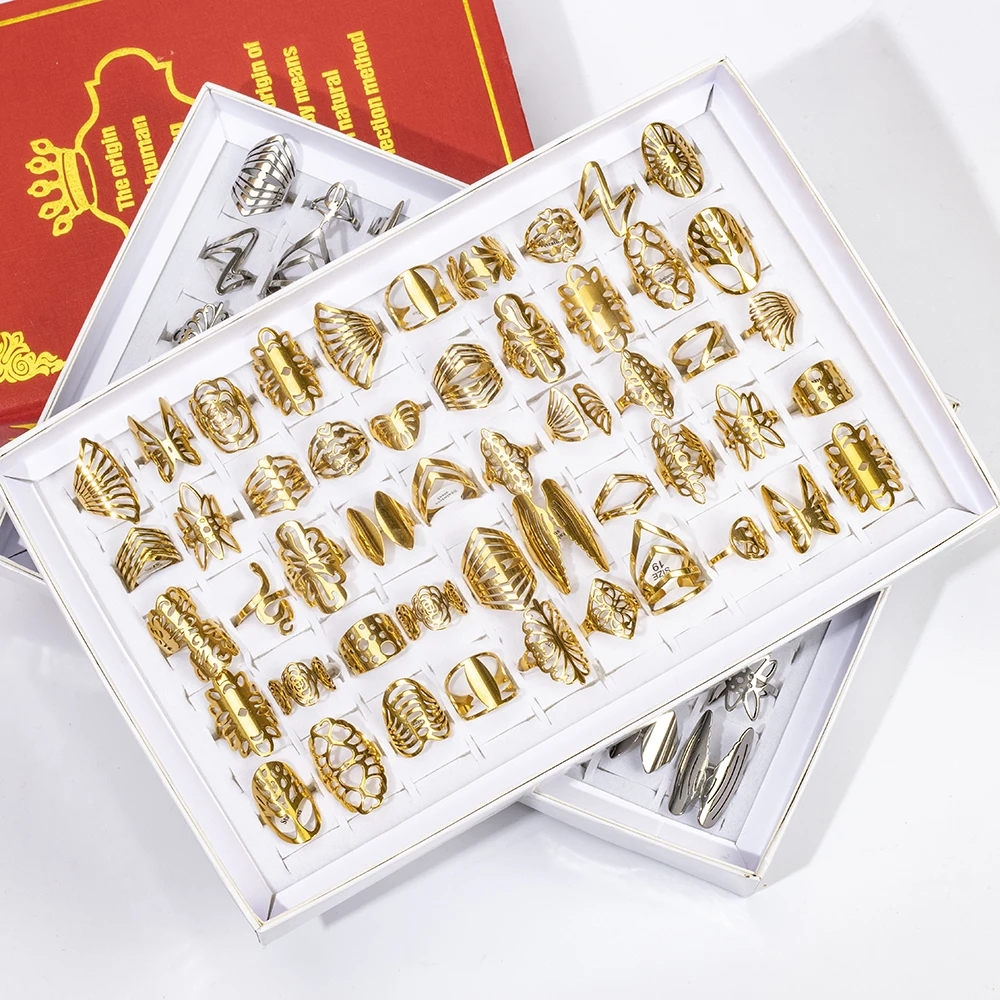 20 قطعة/الوحدة المرأة موضة الفولاذ المقاوم للصدأ الكبيرة والصغيرة الجوف قطع خواتم مجوهرات مزيج الحب زهرة القلب نمط للحزب هدية