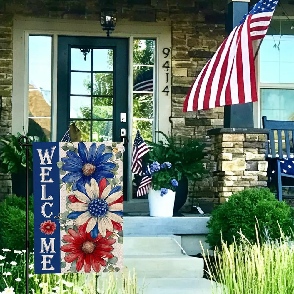 Patriotic Daisy Garden Flag 12x18 Inch Double Sided Watercolor Flowers Red White Blue Heavy Duty Polyester Summer Outdoor Ya jjp