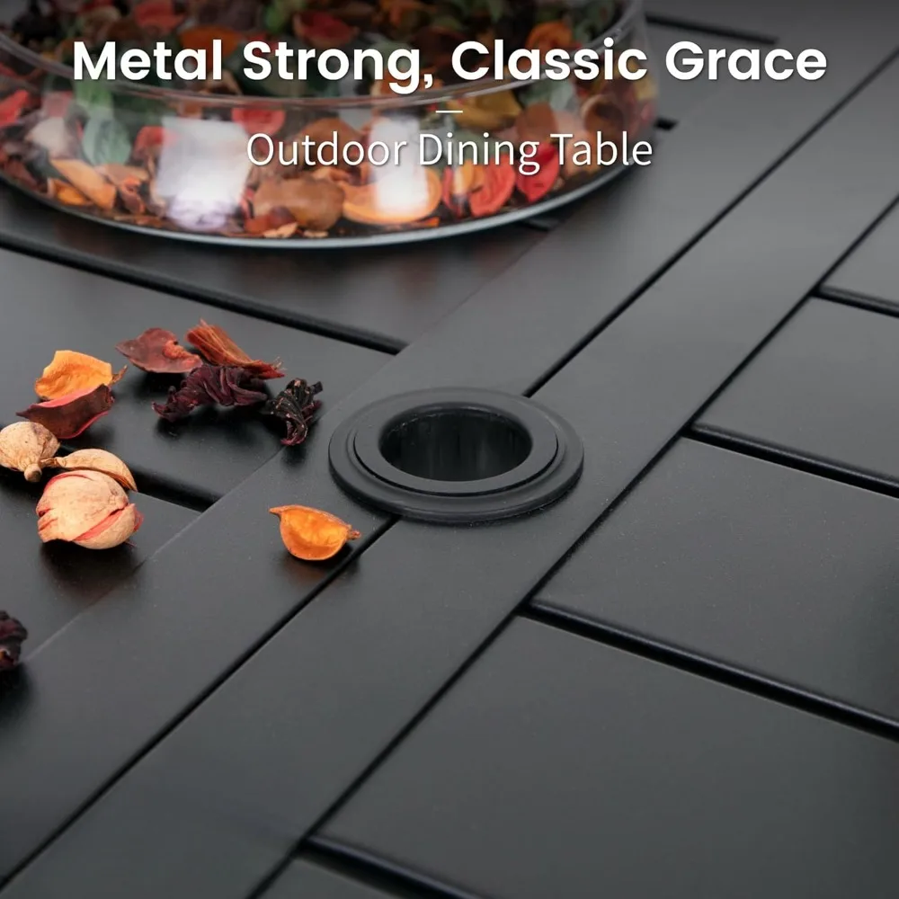 7 Piece Outdoor Wicker Dining Set for 6, Rectangular Metal Dining Table with Umbrella Hole & 6 Cushioned Rattan Chairs Furniture