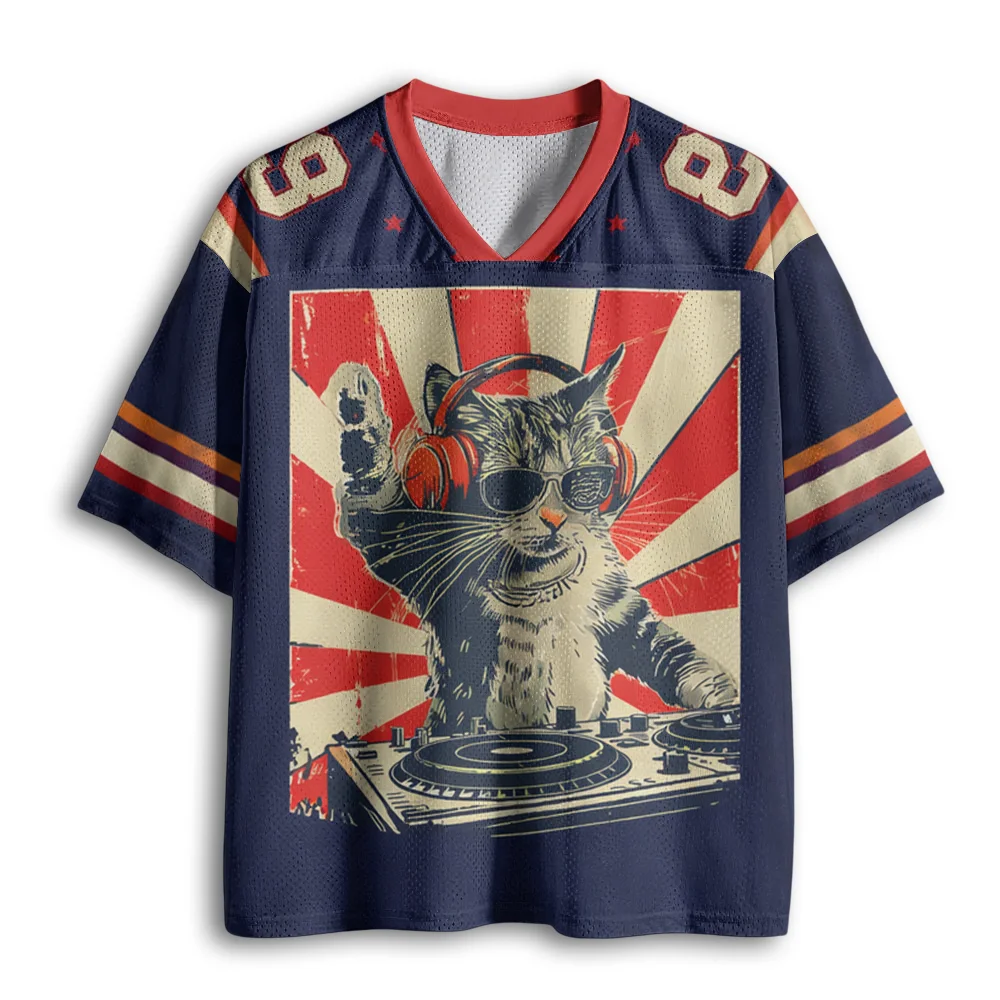 Vintage DJ Cat Headphone Turntable Print Mesh V Neck Jersey, Short Sleeve Loose Breathable Funny Animal Streetwear Tee