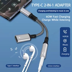 USB Type C to 3.5mm 2 in 1 Headphones Jack Audio Adapter PD 60W Fast Charging Cable For Samsung S24 S23 Xiaomi 14 Redmi Huawei