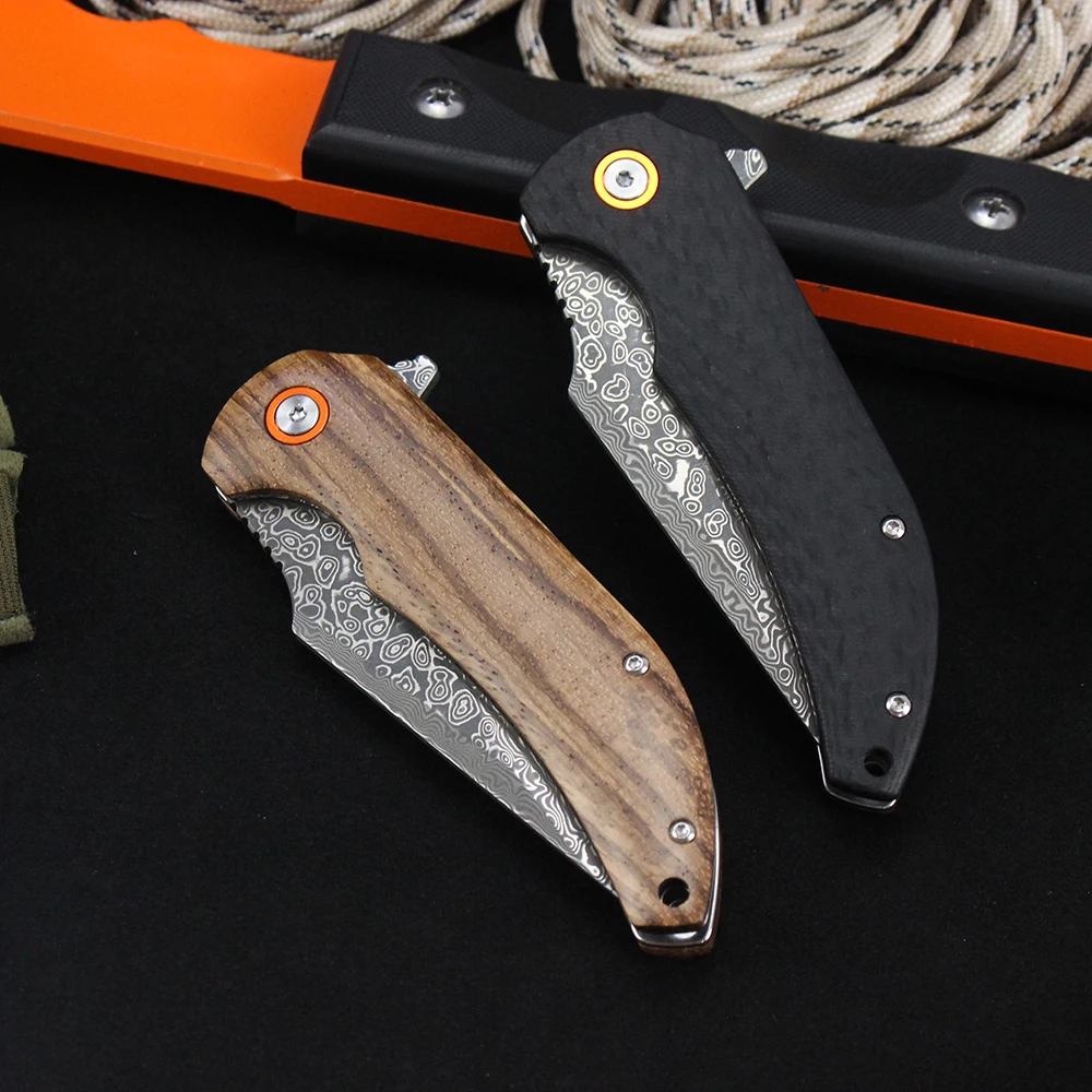 

7.8" Damascus Folding Knife Hunting Camping Hiking Knife for men Wood/Carbon Fiber G10 Handle Outdoor Bushcraft Survival Knife