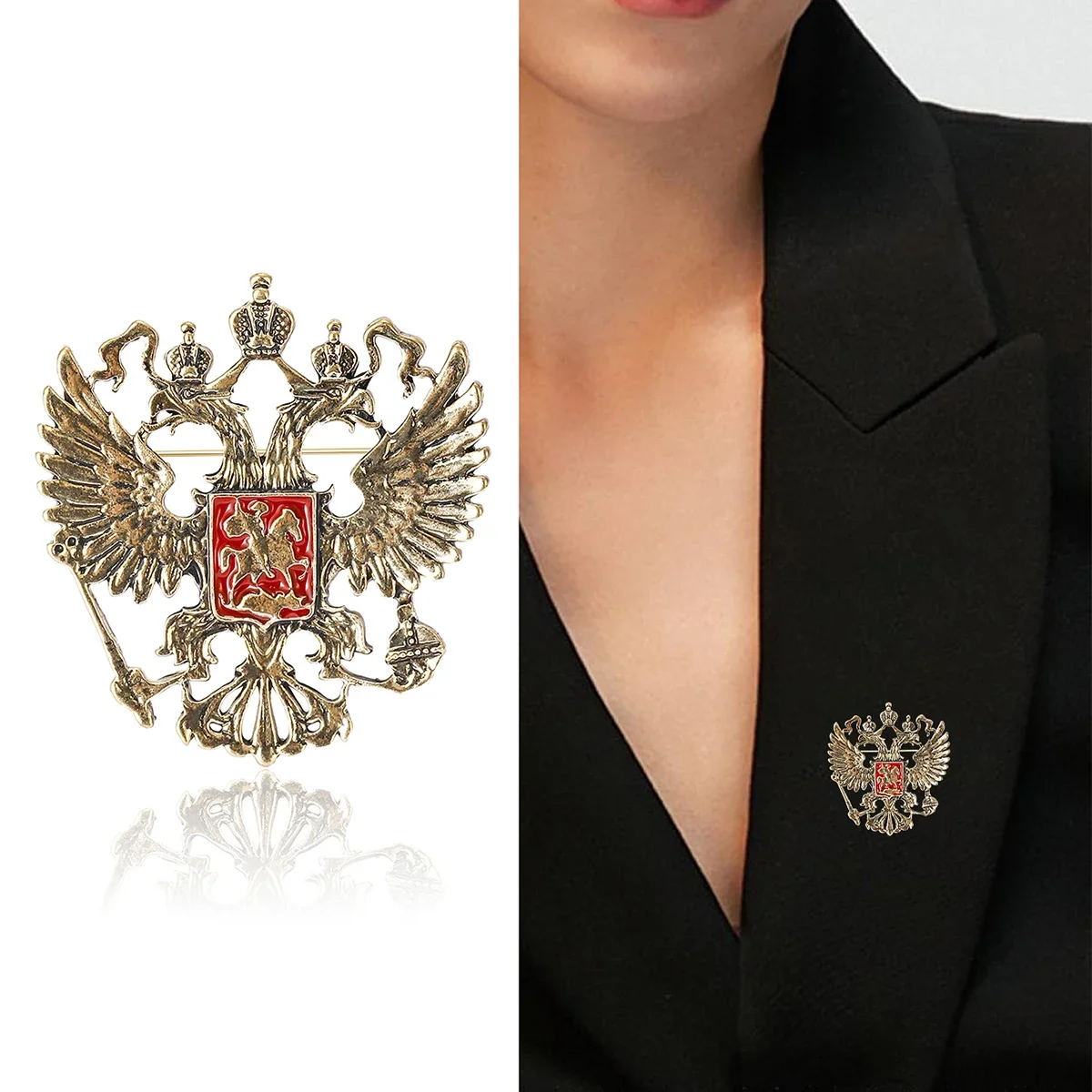 Alloy Double-headed Eagle Badge Brooches for Women and Man 3-color Pins Accessories Gifts Can Be Worn at Holiday Party