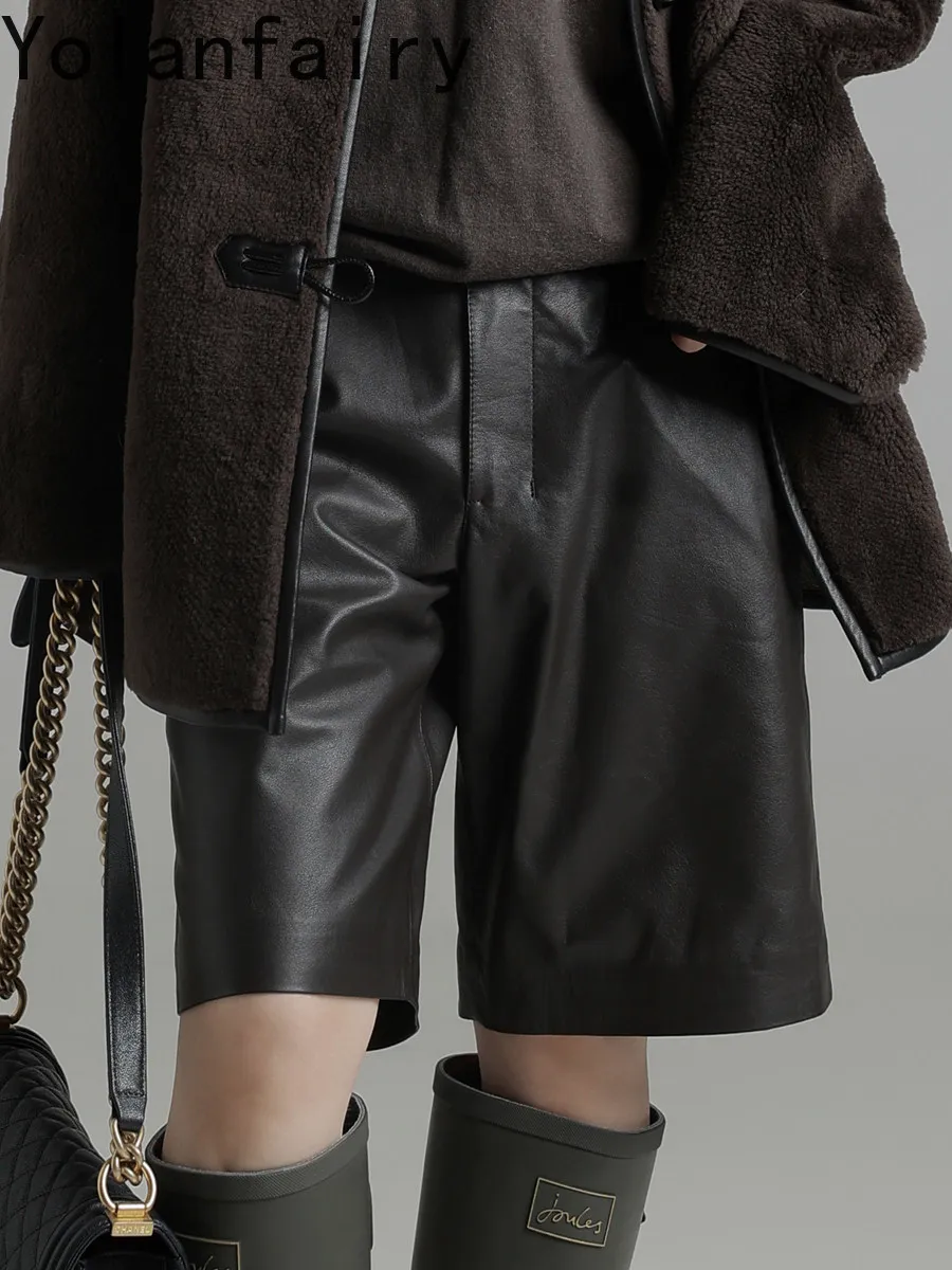 YOLANFAIRY Real Cowhide Leather Pants for Woman 2026 Fashion Black Mid-length Pants Casual Genuine Leather Trousers Streetwear