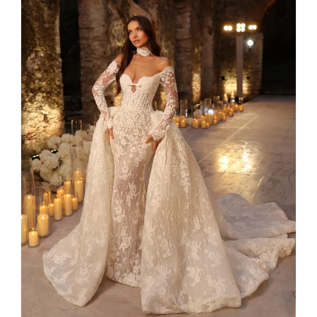 

2 in 1 Mermaid Wedding Dress Exquisite Detachable Train Long Sleeves Vestido de Novia Customized Retro Off Shoulder Vestidos