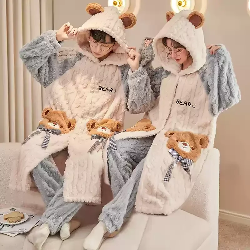 Bonito dos desenhos animados urso coral veludo casal pijamas inverno com capuz camisola longo conjunto masculino e feminino quente engrossado flanela pijamas