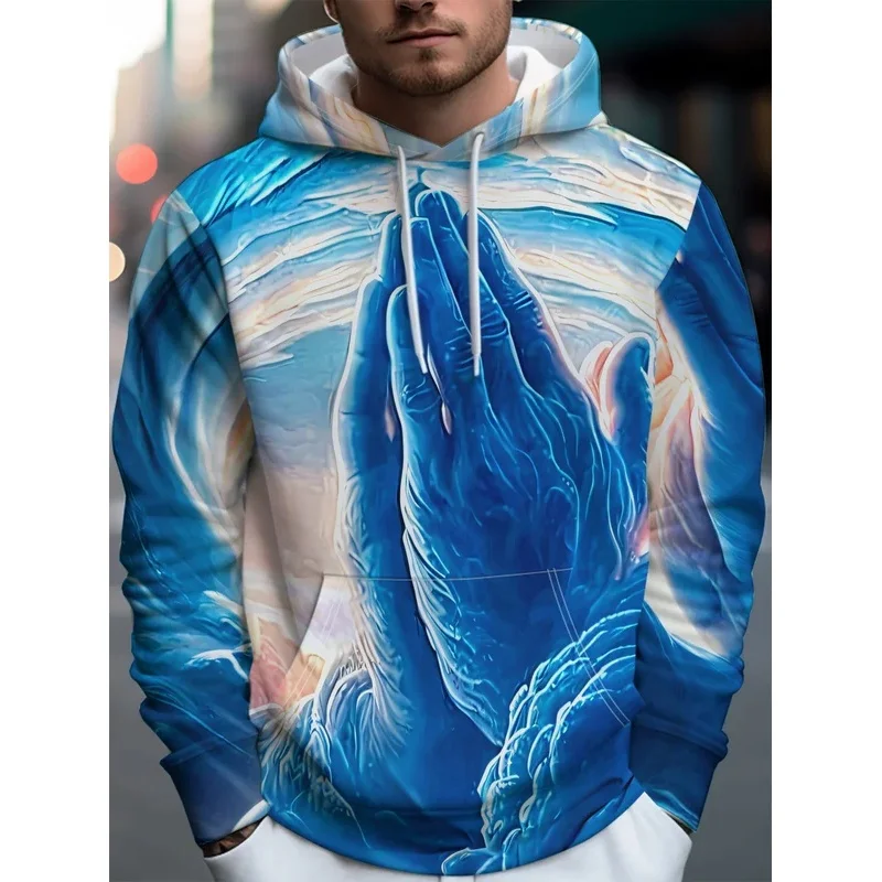 Men Blue Praying Hands Starry Sky Oil Painting 3D Print Hoodie Abstract Art Graphic Casual Long Sleeve Hooded Sweatshirt