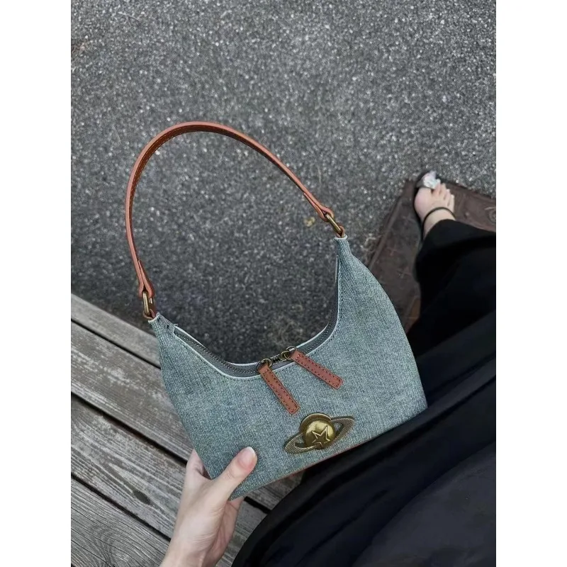 2024 Spring and Summer New Underarm Bag Wandering Planet Shoulder Bag Versatile Casual Retro Handbag Niche Denim Underarm Bag