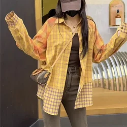 Spring Autumn New POLO Collar Fashion Long Sleeve Shirt Women High Street Casual Plaid Printing Cardigan Button Patchwork Tops