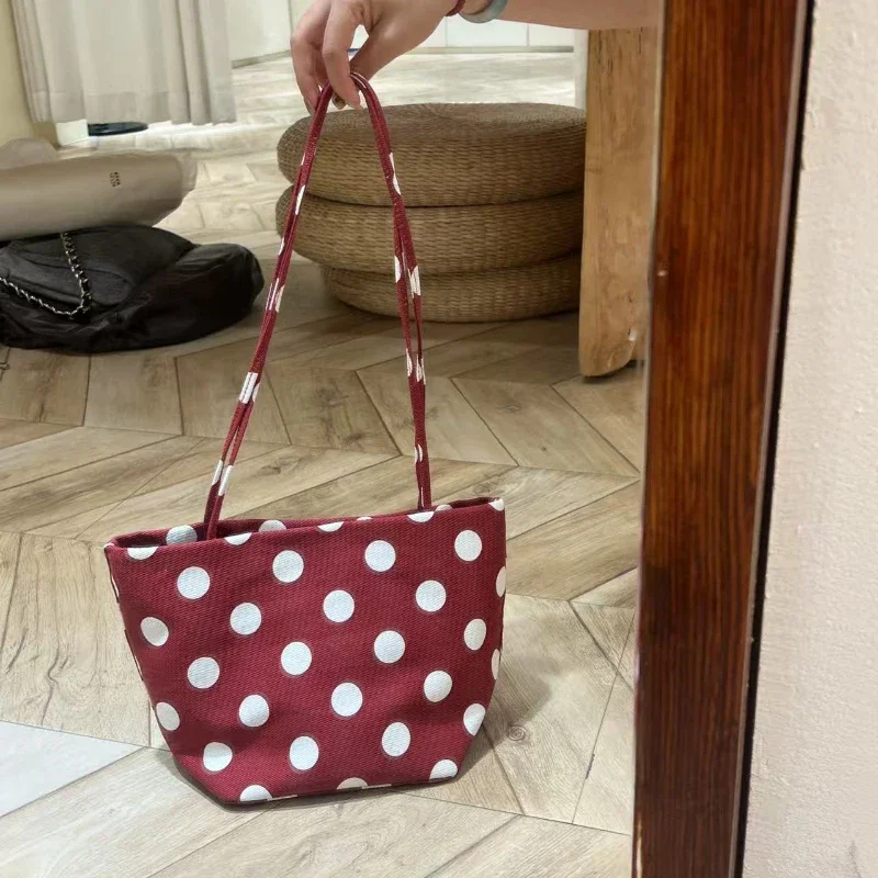 Koreanische Umhängetasche aus Denim-Canvas mit Polka Dots, leichte, lässige, stilvolle Alltagstasche für Damen, Colorblock-Handtasche für den Arbeitsweg – Detail 12