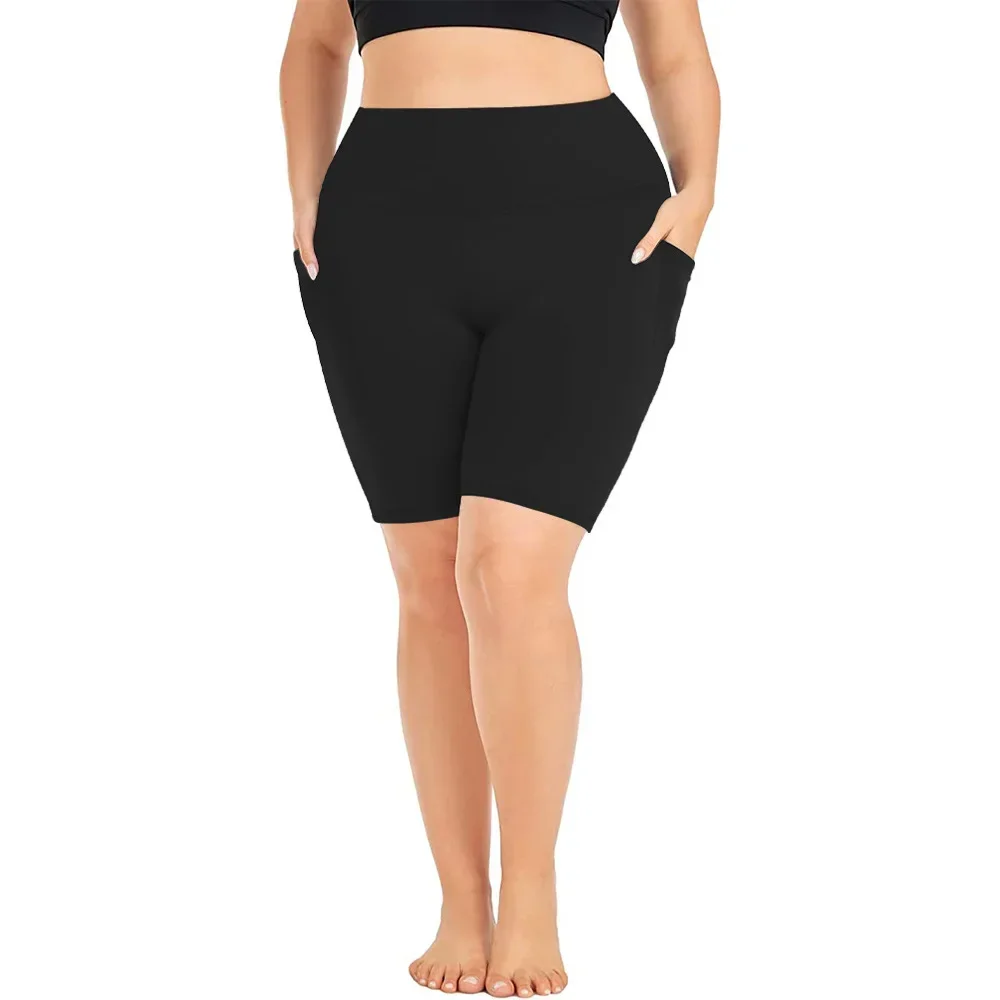 Damen-Yoga-Shorts mit hoher Taille, Übergröße, Workout-Leggings mit zwei Taschen, Stretch, europäischer Stil, Activewear für Fitnessstudio und Freizeit – Detail 14