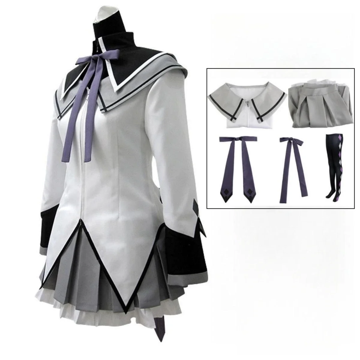 Anime Akemi Homura Cosplay Puella Magi Madoka Magica Cosplay Boog Pruik Halloween Party Uniform Combat Jurk Jk Jurk