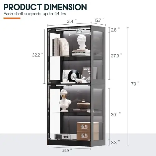 32-Inch RGB Display Cabinet with Glass Shelves | 70 H x 32 W x 16 D In, 4-Tier Storage, RGB LED Lights, Press-to-Open