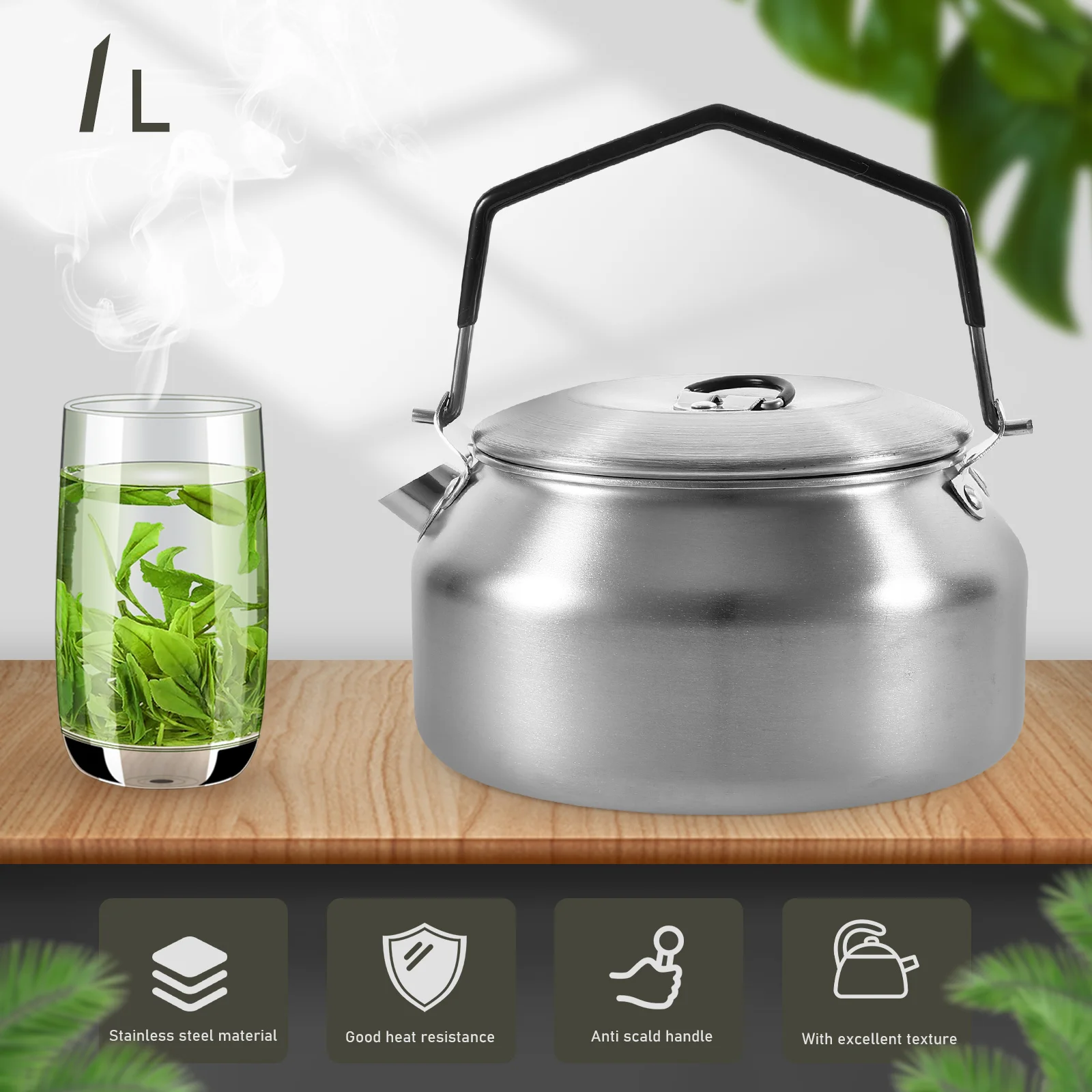 

Stainless Steel Kettle 1.0L Silver Water Boiler Wear Resistant Water Pot Portable Tea Coffee Outdoor Kitchen Pots