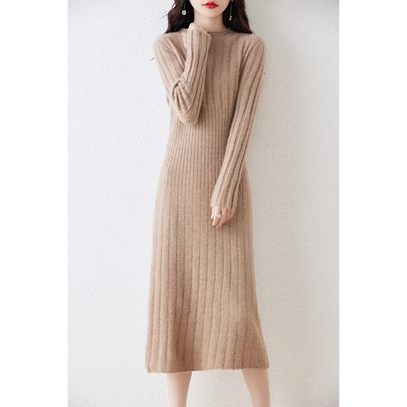 2023 Autumn Winter High Elasticity 100% Wool Thicken Sweater Dress Warm Basic Knitted Pullover Women Slim Dress Female Casual