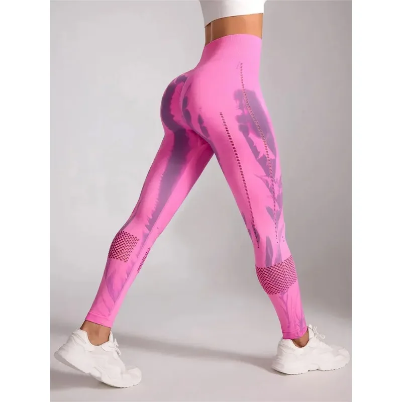 Women Stretchy Yoga Pants Gym Tie-Dye Leggings for Women Seamless High-Waisted Hollow Out Tight-Fitting Workout Leggings