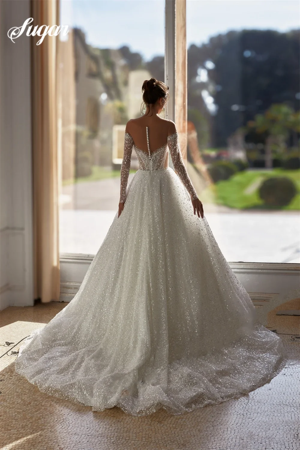 Glitter A-line Wedding Dresses O-Neck Lace Applique Bride Long Sleeves Beaded Pleat Robe De Mariée Personalized Customization