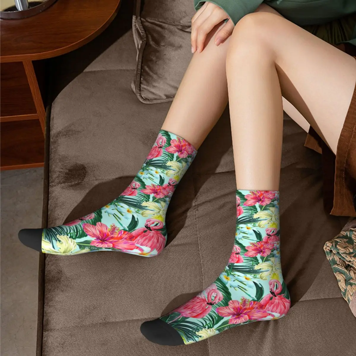 Autumn Winter Casual Women Men Summer Tropical Palm Leaves Socks Birds Non-slip Basketball Socks