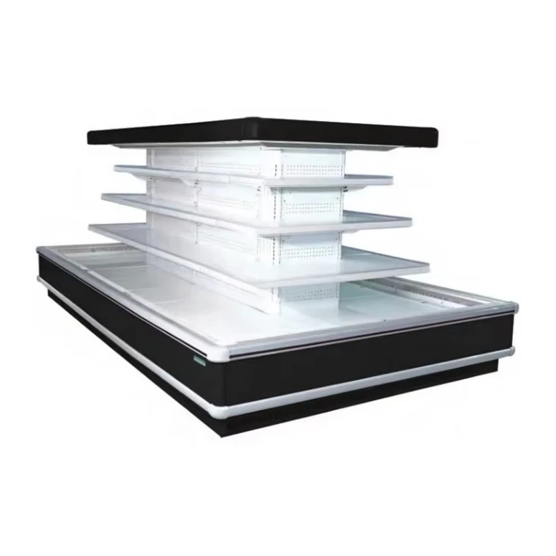 Commercial glass door refrigerator display island suitable for supermarkets to display fruits, seafood and dairy products