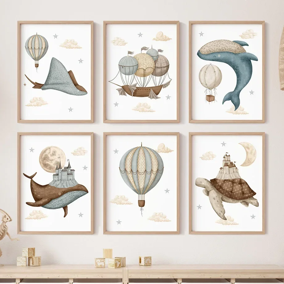 Multi-size 1PC frameless high-definition decorative paintings,Whale Turtle Castle Balloon Nordic Nursery Wall Art Posters Art Pr