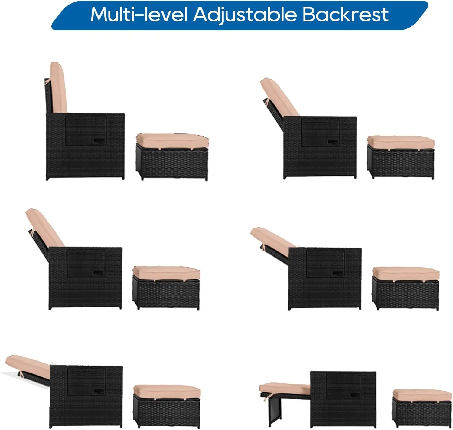 5 قطع من كرسي صالة الخيزران - كرسي صالة فناء قابل للتعديل مع مسند وطاولة قهوة، لشاطئ الفناء