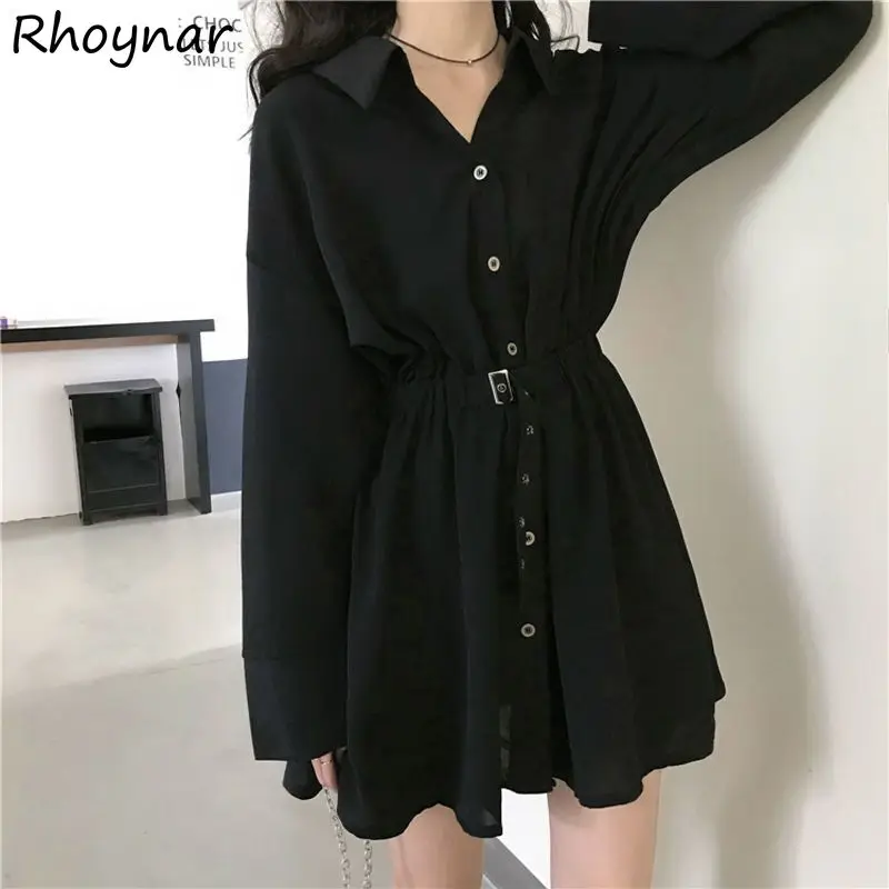 

Long Sleeve Mini Dresses for Women Sweet Cool French Style Defined Waist Button Up Belt Spring Fashion Solid Vestdios Ins New