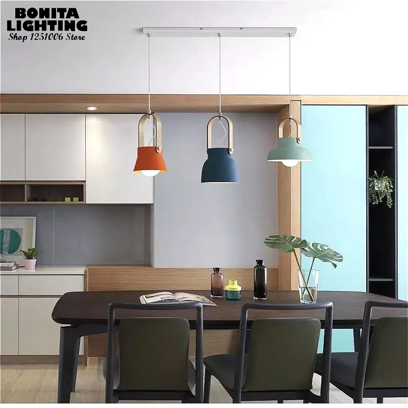 Iron Ring and Wood Grain Pendant Light, Nordic Artistic Design Chandelier for Dining Room, Bedroom, Showroom,Macaroon Colorful
