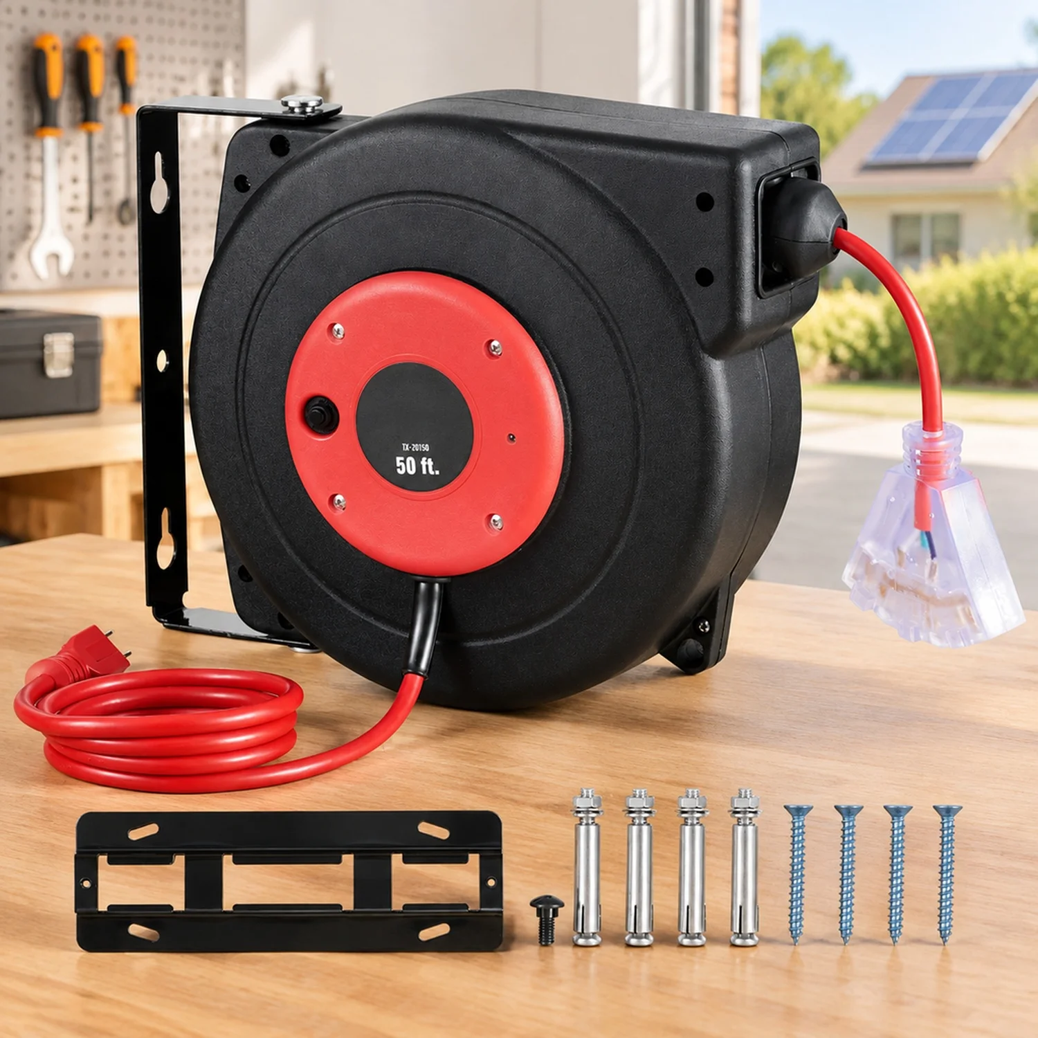 Retractable Extension Cord Reel, 50 FT, Heavy Duty 14AWG/3C SJTOW Power with Lighted Triple Tap Outlet, 13 Amp Circuit Breaker