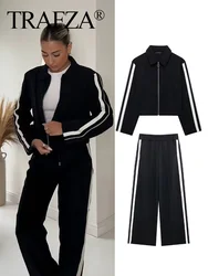 TRAFZA 2024 New Women Casual Black Trousers Suits Sports Short Jacket + Female Vinatge Black White Patchwork Baggy Pants Street