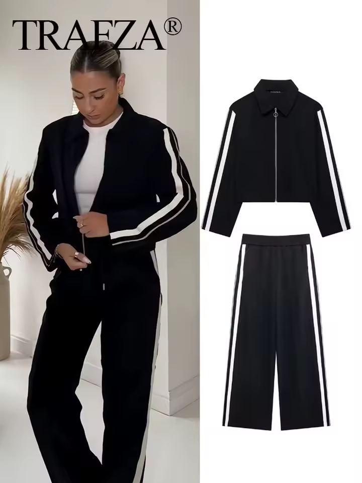 Trafza 2024 novas mulheres casuais calças pretas ternos esportes jaqueta curta + feminino vinatge preto branco retalhos calças largas rua