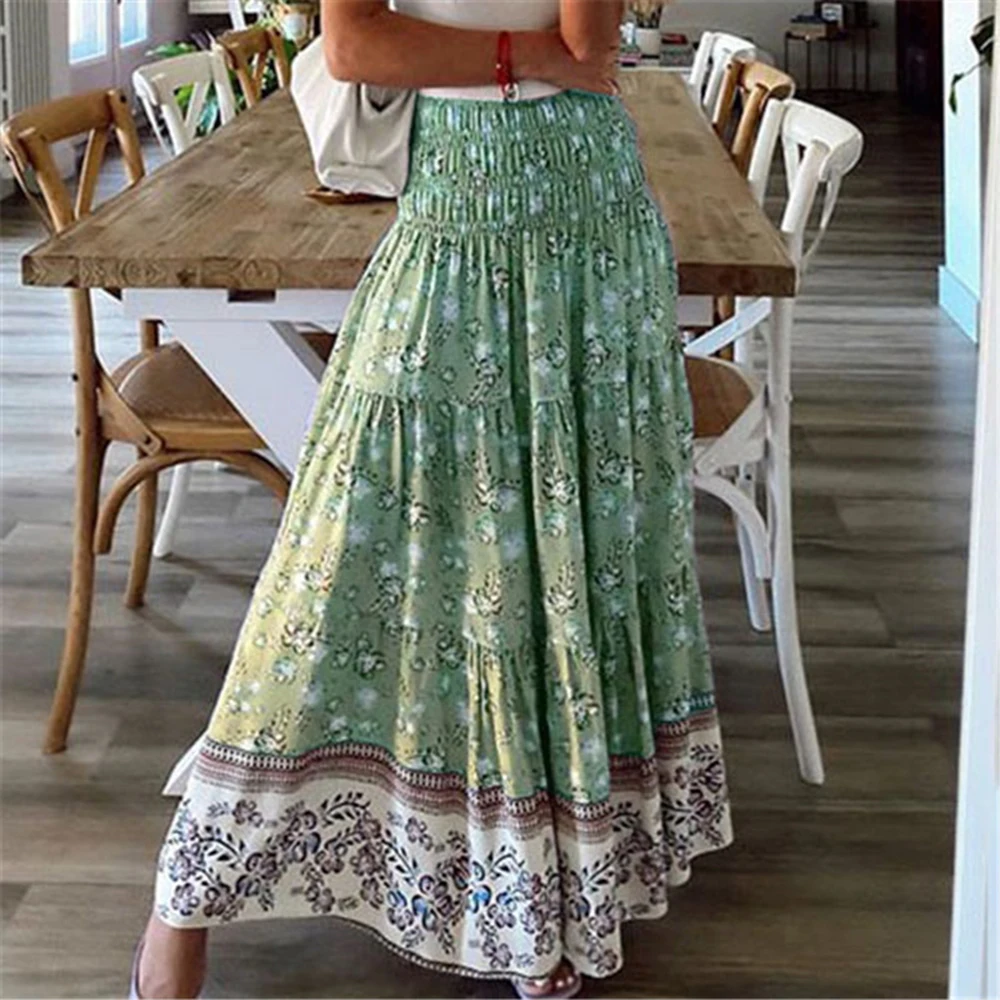 Boho Casual Drucken Maxi Rock Frauen Sommer Mode Sexy Hohe Taille Röcke Frauen 2021 Rosa Strand Floral A-line Lange Röcke femme