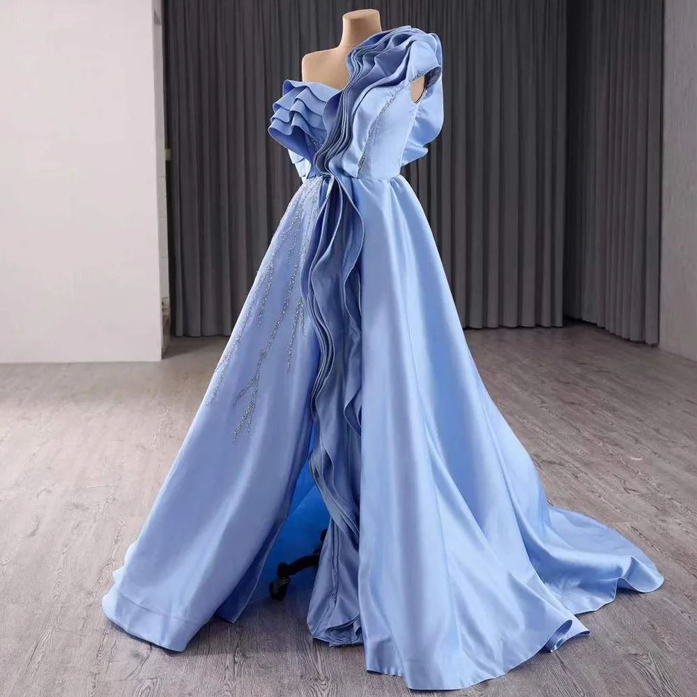 Evening Party Dresses One-Shoulder Beading Sequined Lace A Line Customized Blue Woman Prom Dress 2026