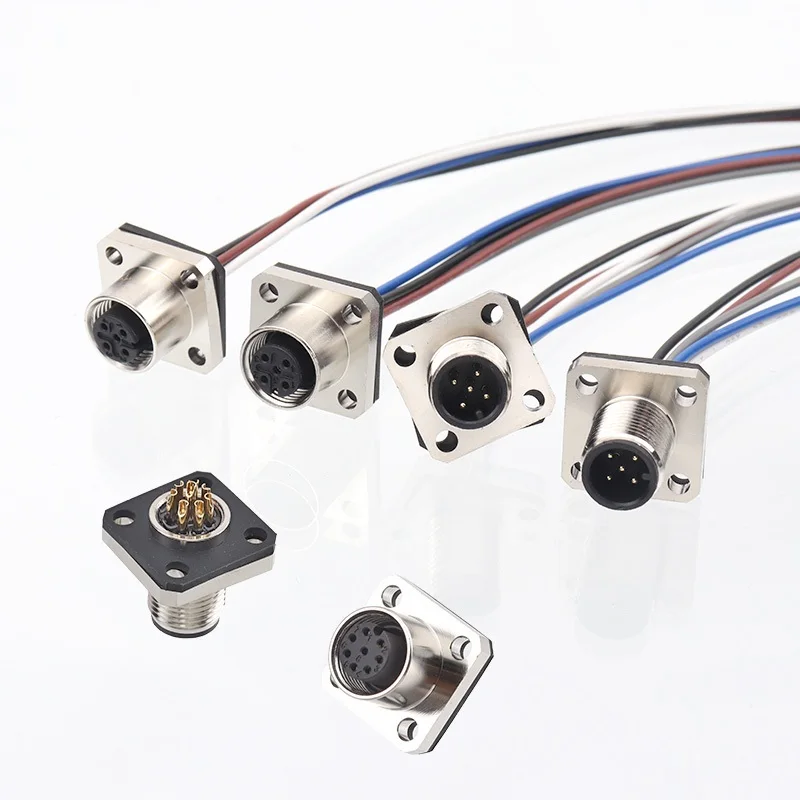Hot sales M12 square flange connector panel mount front back and rear aviation circular plug 14mm Hole Welding Connectors
