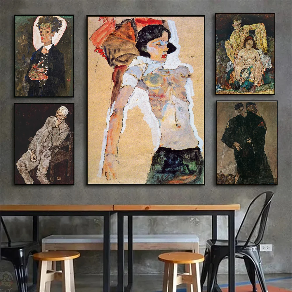 Egon Schiele Body Color Delineation Sketch Figure Poster Self-adhesive Art Waterproof Paper Sticker Coffee House Room Wall Decor