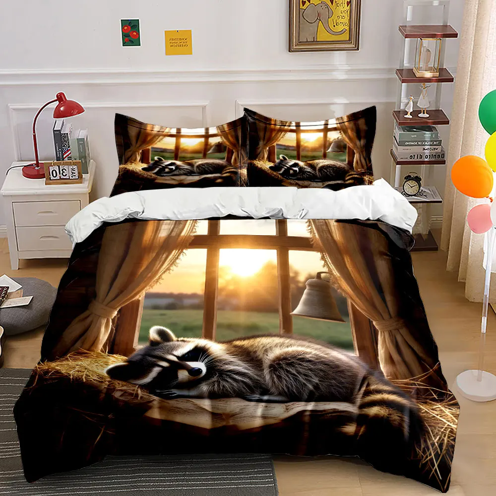 Lazy raccoon resting by the window Print Bedding set 3PC 1 duvet cover 2 pillowcases adult and children bedding set Luxury
