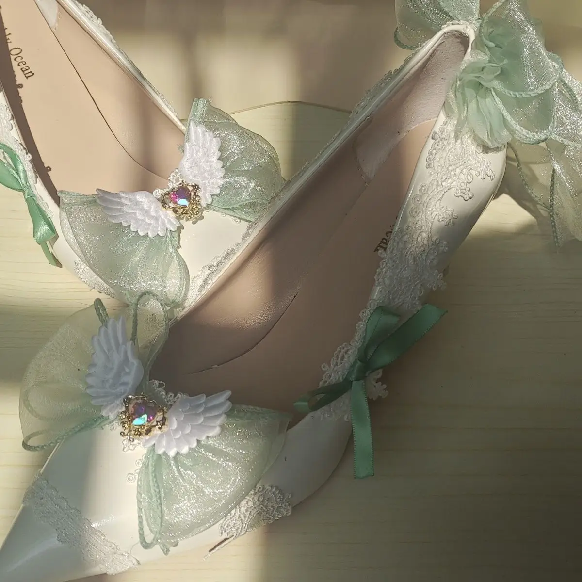 

Lolita Hand-Made High Heels Pointed Stiletto Heel Green Wedding Shoes Flower plus Size