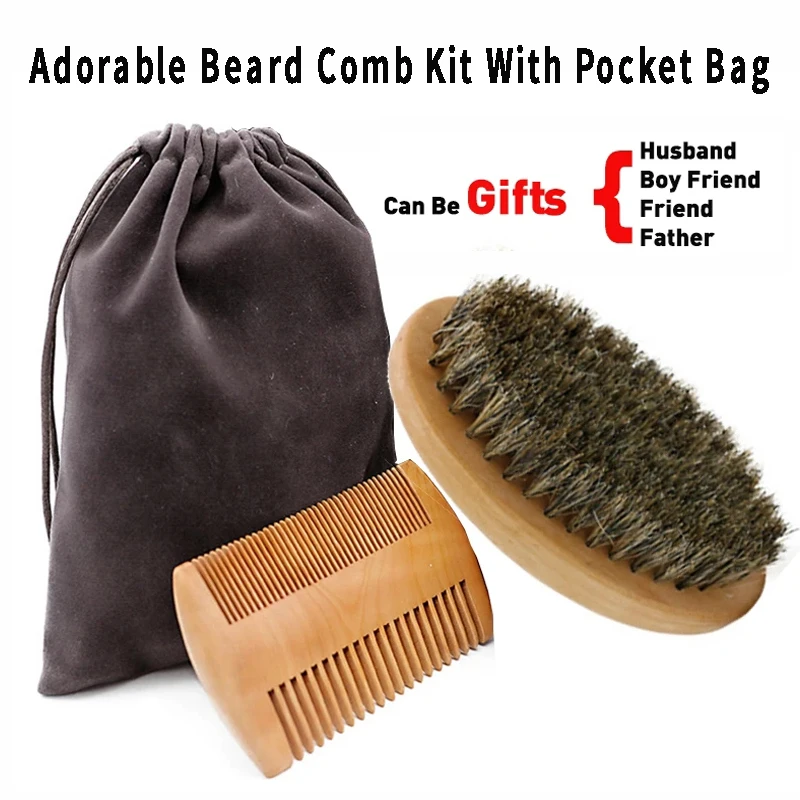 Professional Barber Men Shaving Brush Comb Kits Wood Soft Boar Bristle Beard Brush Mustache Comb Kit With Gift Bag Hair Comb Set