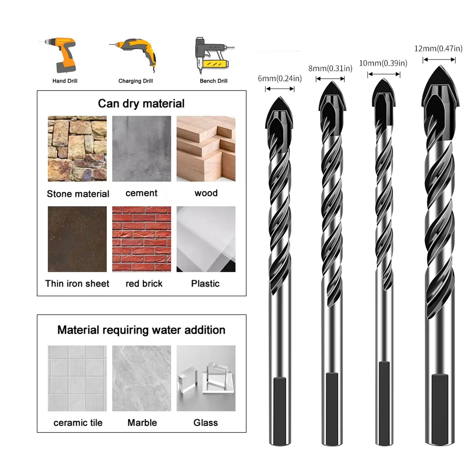 5/10個入り 石材・ガラス用ドリルビットセット 金属・鋼鉄・磁器・セラミックタイル・レンガ・木材用 工業用強度 超硬ドリルビットチップ