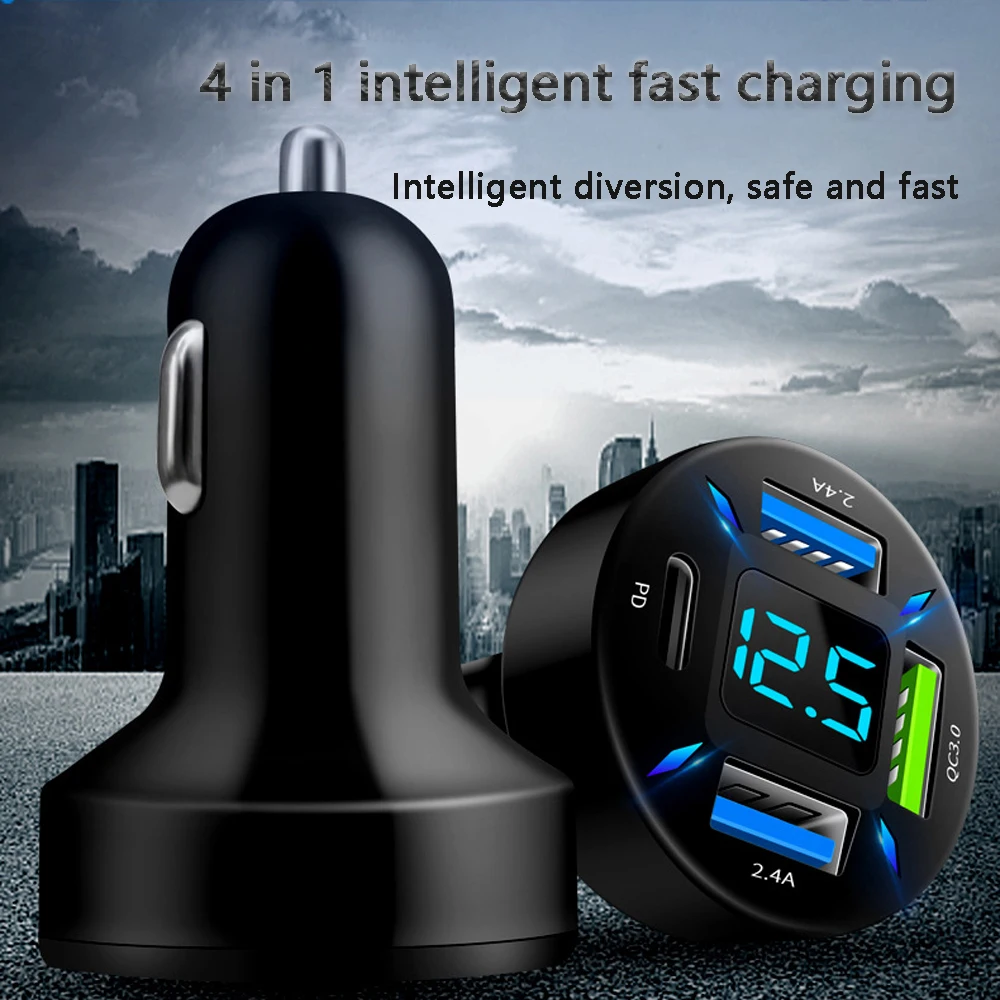 4-in-1 66W Super Fast USB Car Charger QC3.0 2.4A Car USB Chargers for Smartphones Quick Charge Adapter for Mobile Phone Use