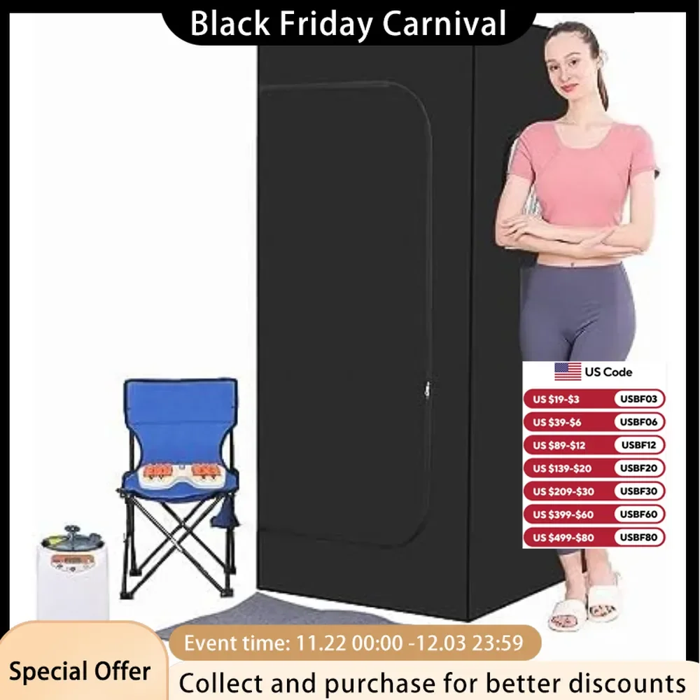 Full Body Personal Home Sauna Box, Portable Steam Saunas Tent, 1100W & 3L Sauna Steamer, Remote Control, Foldable Chair(Black)