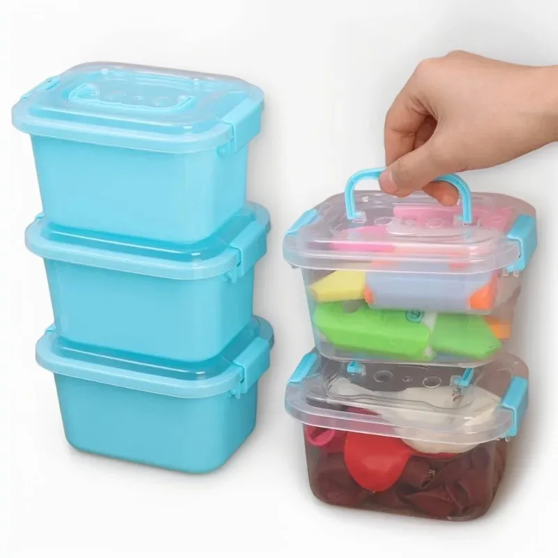 Portable Transparent/Blue Small Plastic Box with Lid Kids Toys Storage Box Student Stationery Container Cosmetics Sorting Box