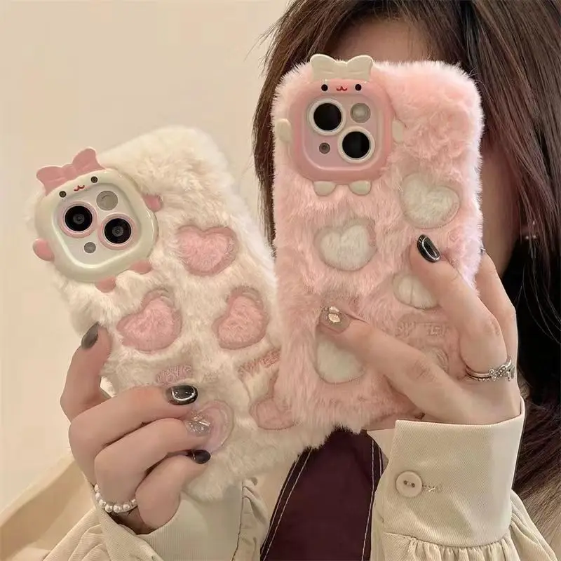 Korean Cute Love Heart Plush Warm Fluffy PhoneCase For iPhone 14 Pro Max Case 13 Pro 12 11Furry Soft Silicone Back Cover Coque