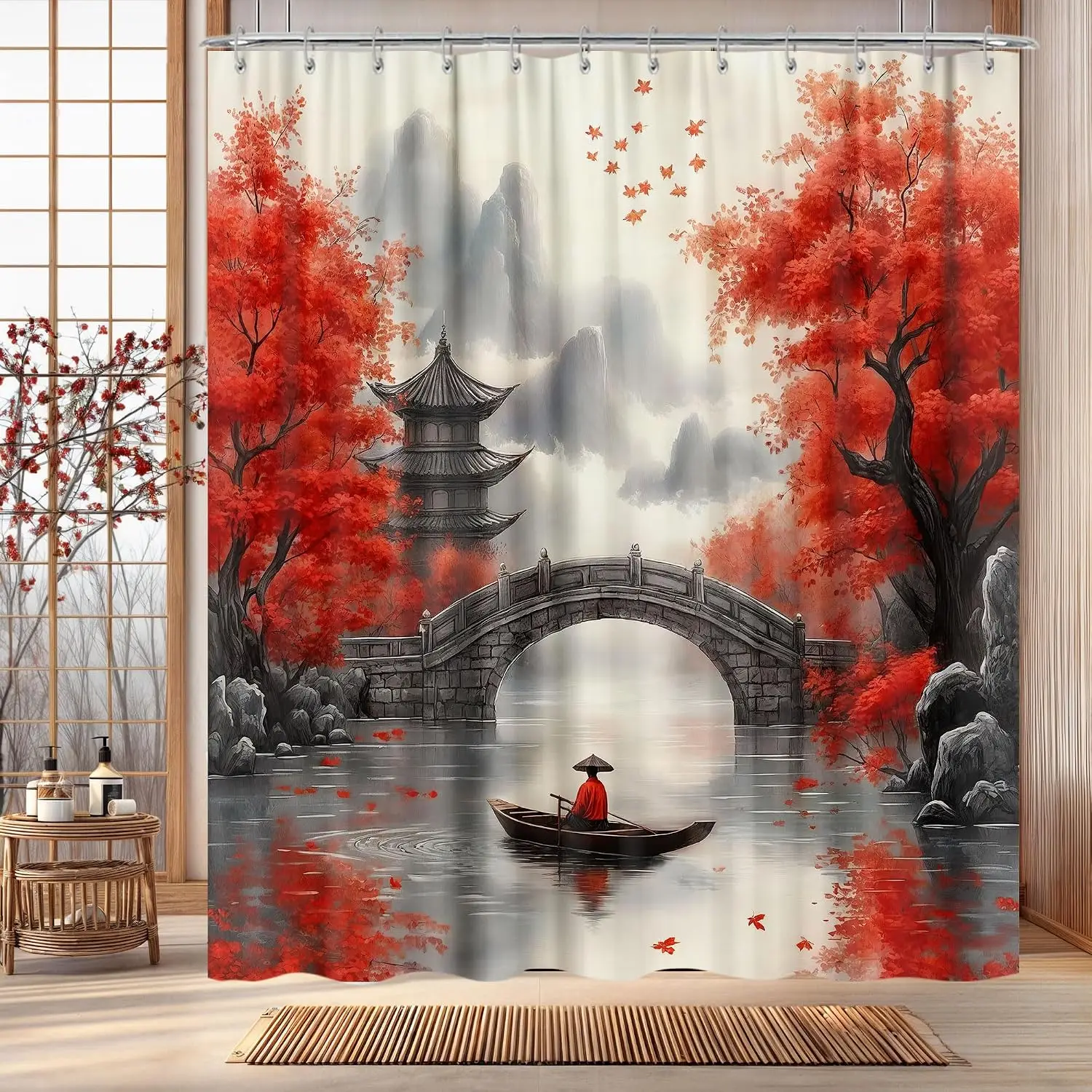 Vintage Chinese Landscape Bathroom Shower Curtain Red Blossoms Pagoda Bridge Zen Oriental Home Decor Waterproof
