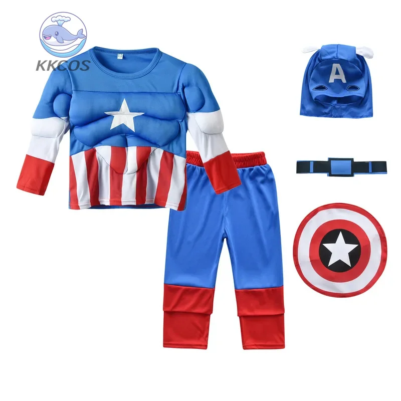 

Детский карнавальный костюм Капитана Америки, костюм с мышцами, топы для рождественской вечеринки, комплект брюк для мальчиков и девочек