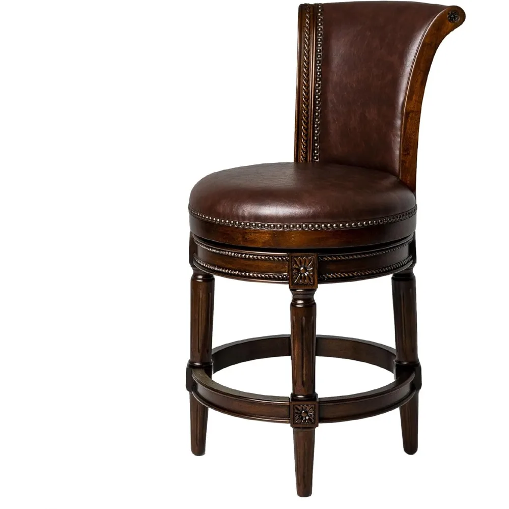 

26 Inch Tall Counter Height Upholstered Barstool with Back in Dark Walnut Finish with Vintage Brown Vegan Leather Cushion Seat