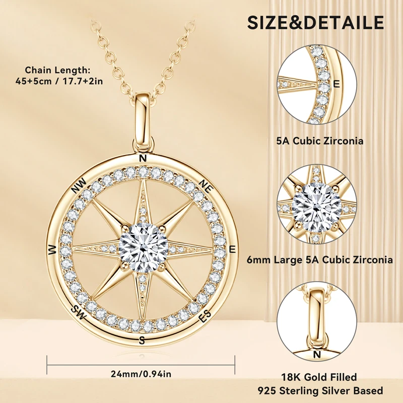 OXTAO 925 Sterling Silver Ladies Cubic Zircon Compass Pendant Necklace Luxury Jewelry  Birthday Party Gifts Adjustable Chain