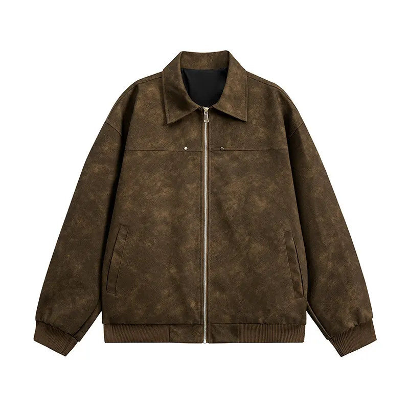 Men's Vintage Washed Faux Leather Jacket Turn Down Collar Zip Up Bomber Coat