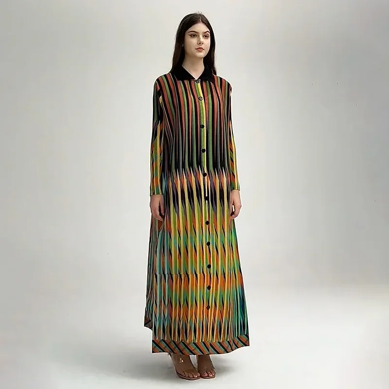 Miyake Colorful Striped Pleated Fashion Dress Women Lapel Single Breasted Loose Fit Long Dresses Party 2024 New Muslim Robe