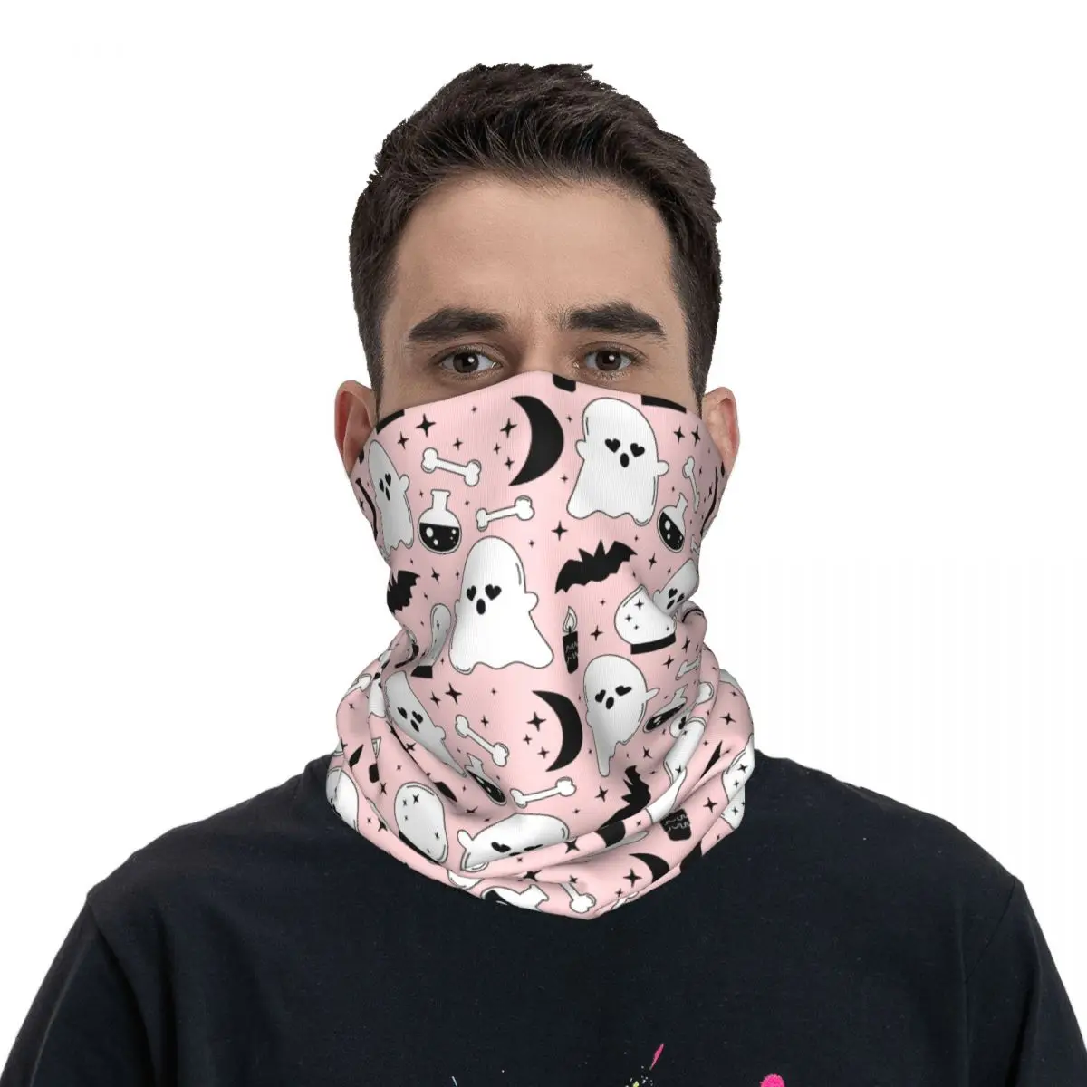 Cartoon Pink Halloween Bandana Neck Gaiter Printed Ghost Bats Bones Balaclavas Magic Scarf Outdoor Headband Outdoor Sports