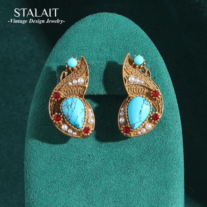 

Antique Luxury Water Drop Natural Stone Goldfish Blue Stud Earrings For Woman Long Charm Vintage Jewelry 2025 Trending New